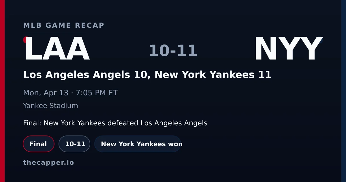 Los Angeles Angels 10, New York Yankees 11 MLB game recap for April 13, 2026