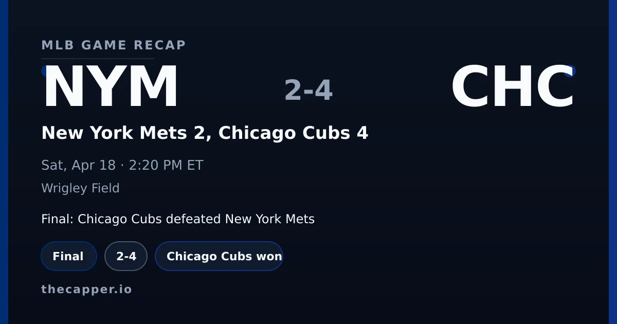 New York Mets 2, Chicago Cubs 4 MLB game recap for April 18, 2026