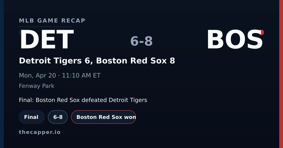 Detroit Tigers 6, Boston Red Sox 8 MLB game recap for April 20, 2026