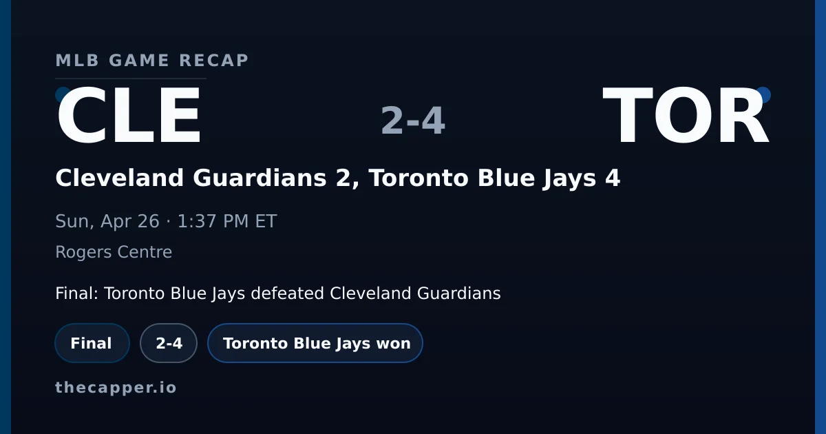 Cleveland Guardians 2, Toronto Blue Jays 4 MLB game recap for April 26, 2026
