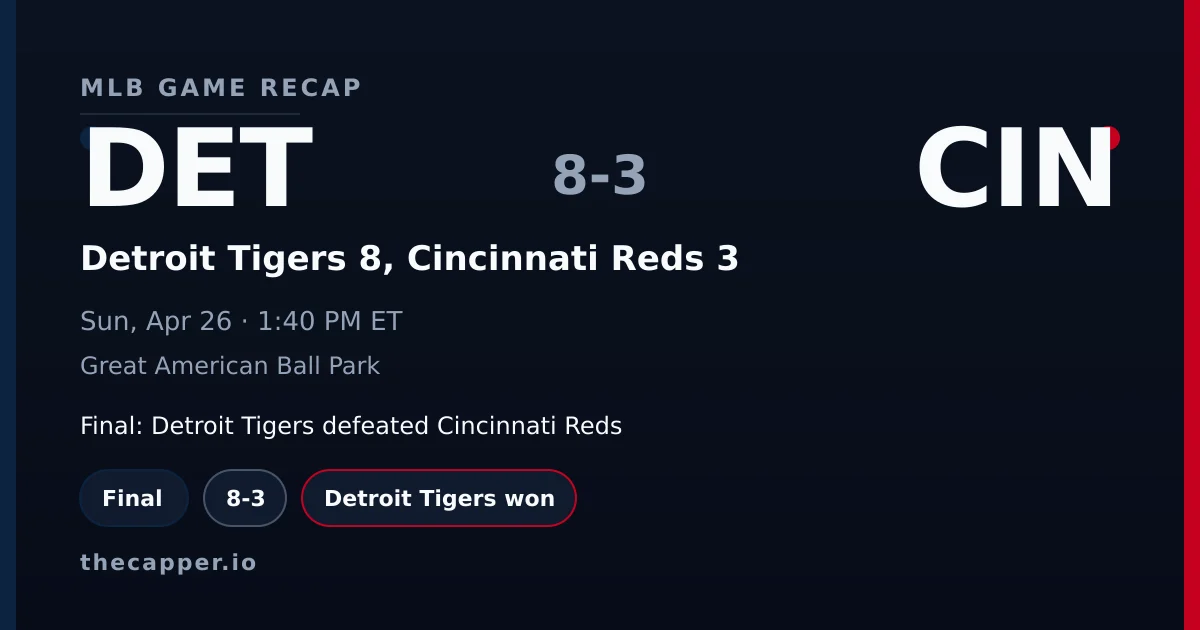 Detroit Tigers 8, Cincinnati Reds 3 MLB game recap for April 26, 2026